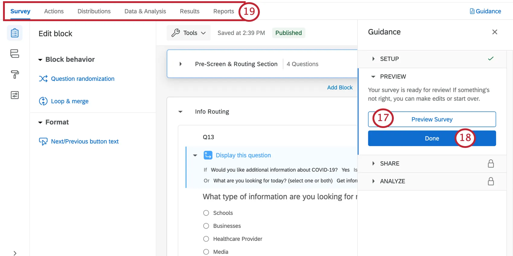 Survey builder open with a guidance sidebar to the right that takes you through key steps
