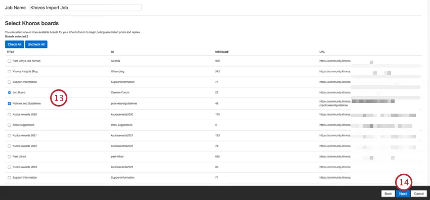 Seleccionar los tableros de Khoros para extraer respuestas