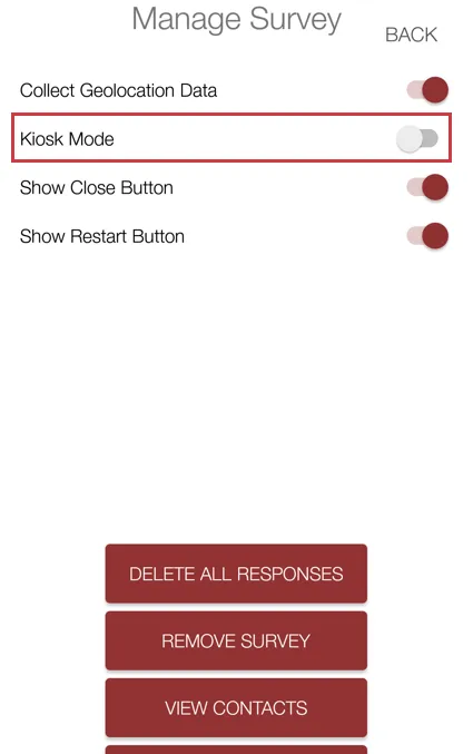 Manage survey window with Kiosk mode highlighted
