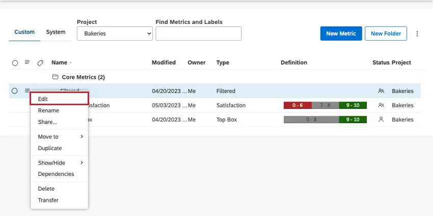 modifier loption dans le menu déroulant de la métrique