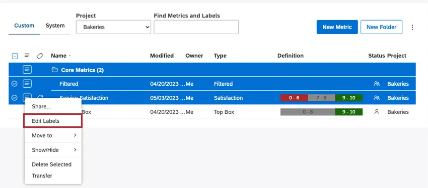 edit labels button under metrics dropdown