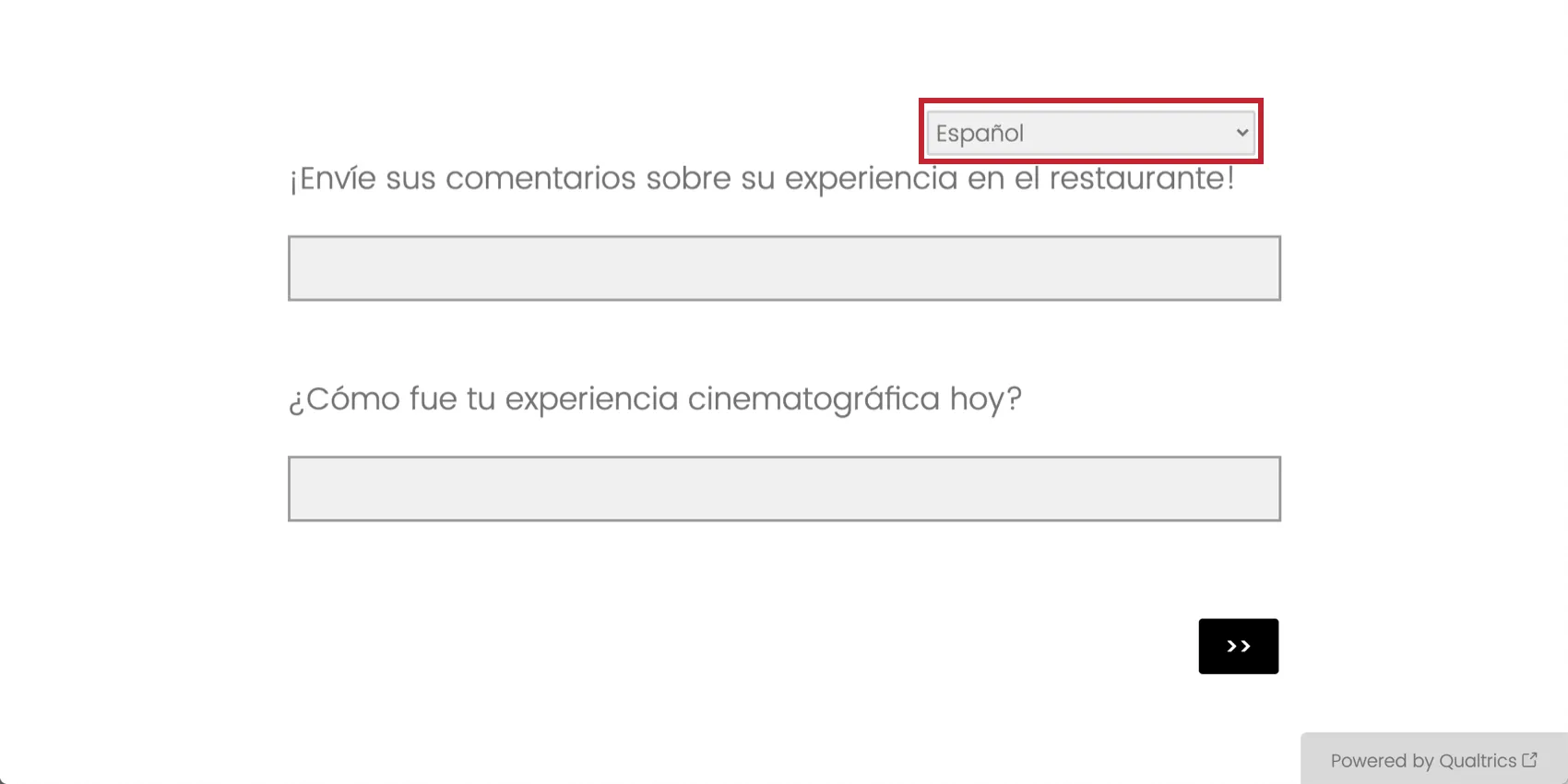 En la parte superior derecha de la encuesta hay un menú desplegable de selección de idioma.