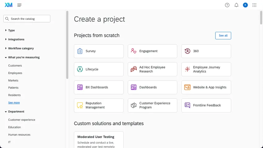 Le catalogue Qualtrics, affichant un éventail de projets à sélectionner