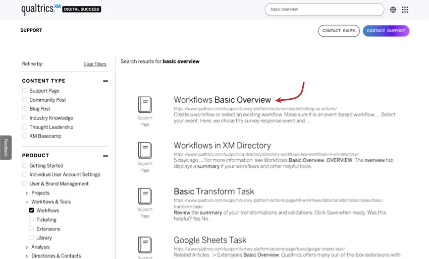 eine Beispielsuche auf der Supportseite, auf der nach Workflows gefiltert wird