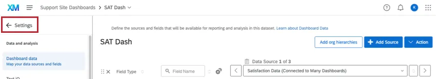In Dashboard befindet sich oben links ein Pfeil mit dem Text Einstellungen, der nach links zeigt.