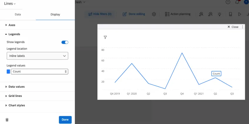 Line graph. to left, display tab is open in the editing pane. legends is expanded to show the options described