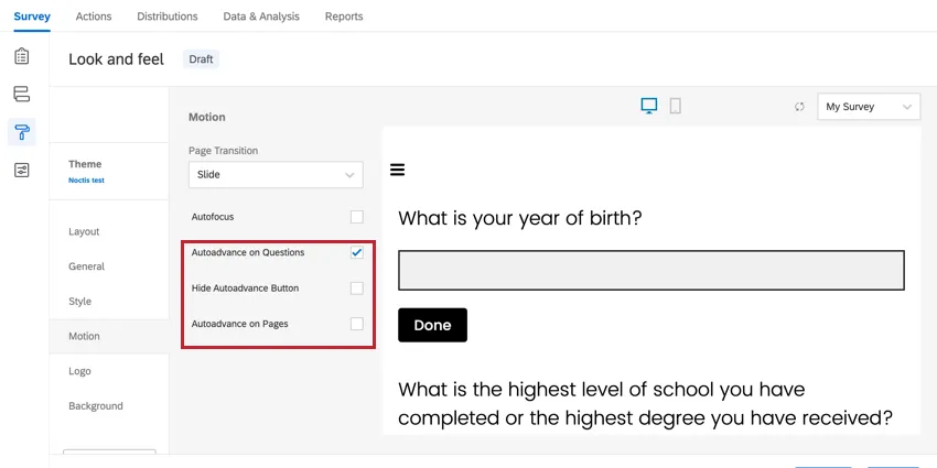 the three autoadvance options in the motion section of the look & feel tab