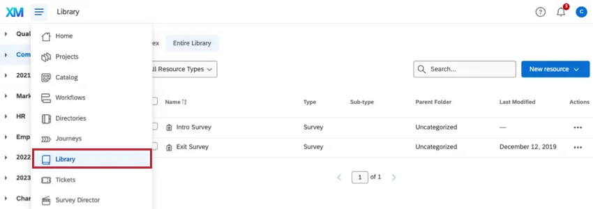 Choosing library from the top-level navigation in the top-left of every page of the website