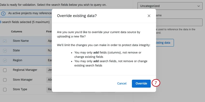 ウィンドウにはオーバーライド制限のリストが表示される。
