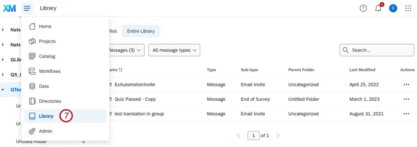 アカウント右上のライブラリをクリックすると表示されるメッセージライブラリタブの画像。メッセージライブラリが選択されている。次へ］ボタン／［前へ］ボタンのテキストメッセージが強調表示されます。メッセージの翻訳オプションは、ライブラリメッセージの右側にあるグレーの歯車をクリックすると表示されます。