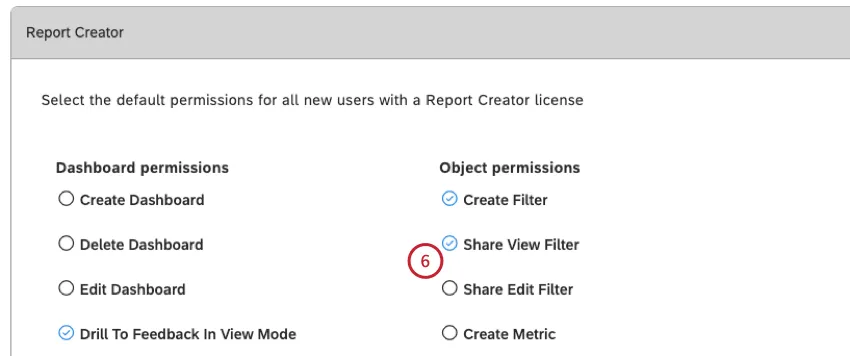report creator section of user permissions
