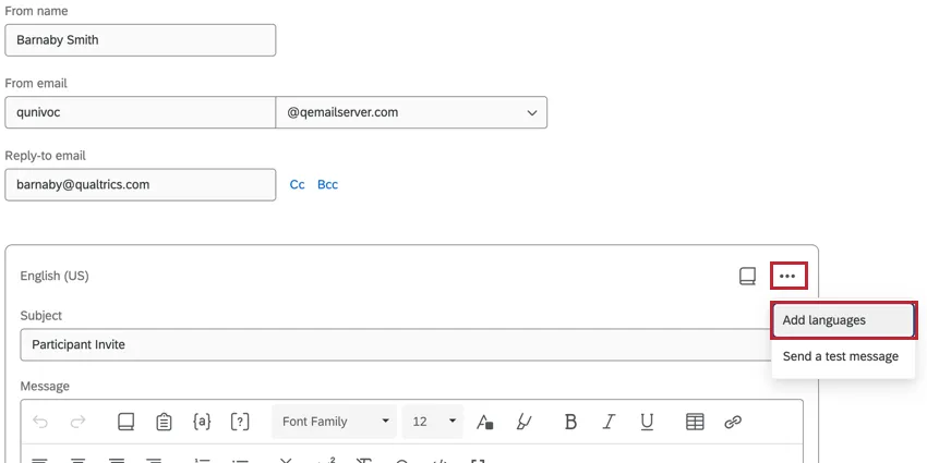 die Option zum Hinzufügen von Sprachen für eine Lebenszyklus-E-Mail
