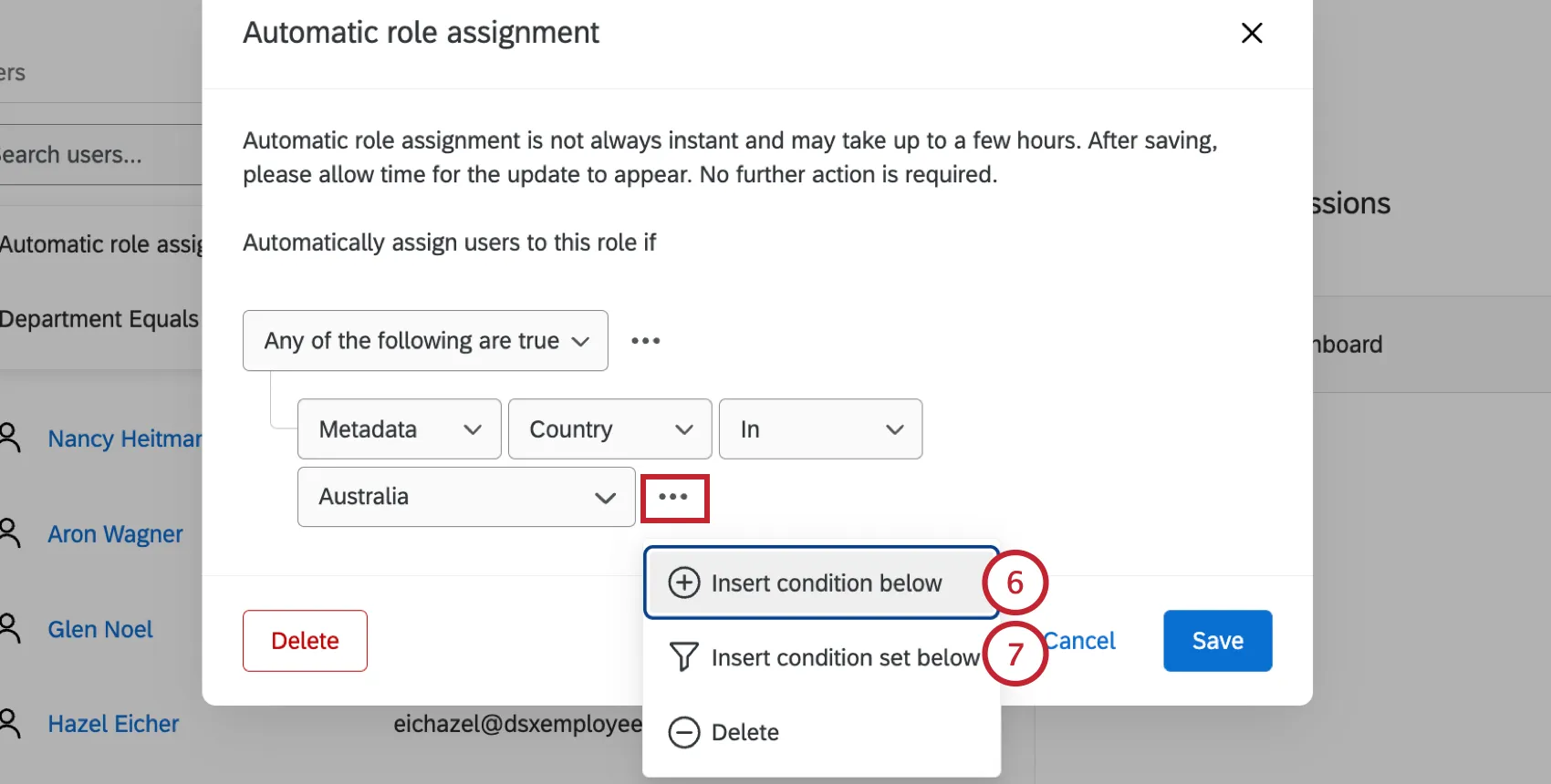 las opciones para agregar condiciones adicionales al rol