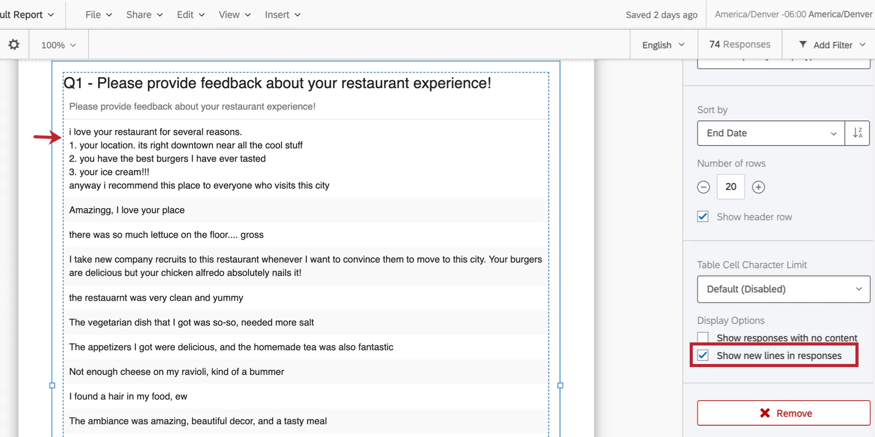 Image de la visualisation dun tableau de résultats dont lune des réponses est une longue réponse comportant plusieurs sauts de ligne. À droite, dans le volet dédition du rapport, vous voyez que la case à cocher pour laffichage des sauts de ligne est sélectionnée
