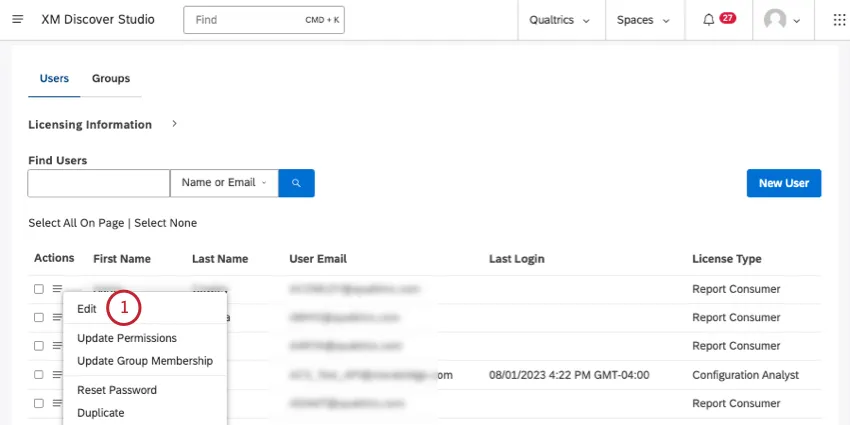 Users page of users and groups. Menu open next to a user, with edit selected