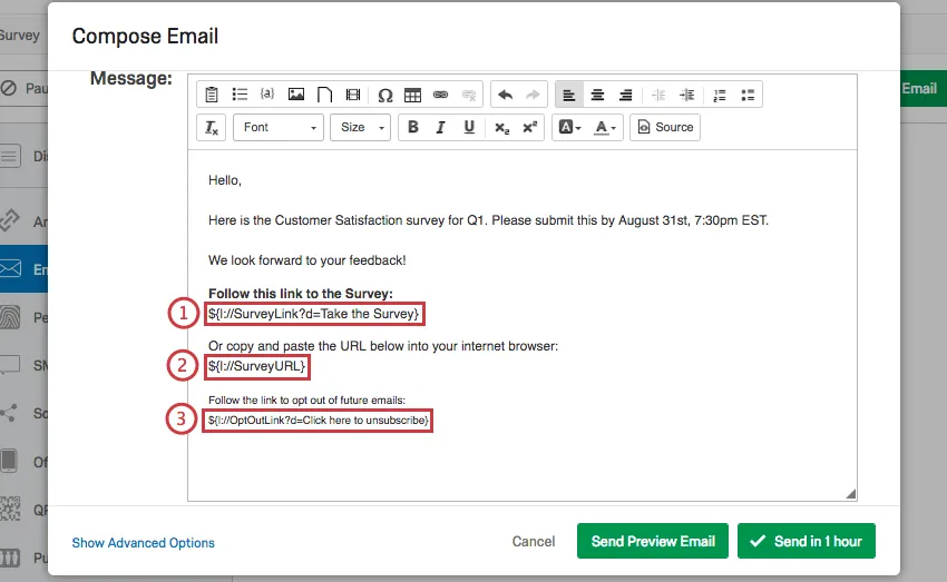 Two Survey links and the opt-out link at the bottom of the email message