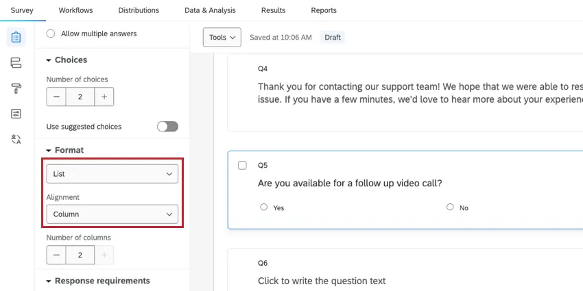 creating a multiple choice question and choosing the column list format