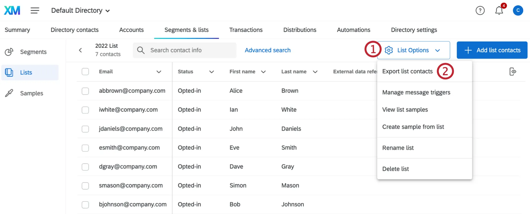 List Options expanded and Export List Contacts selected