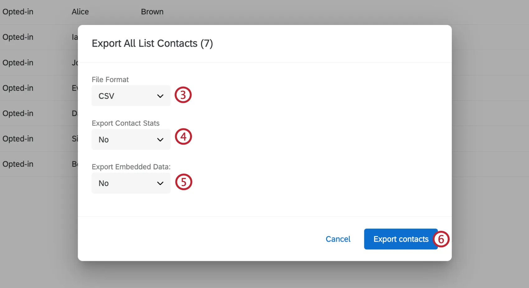The Export list contacts window