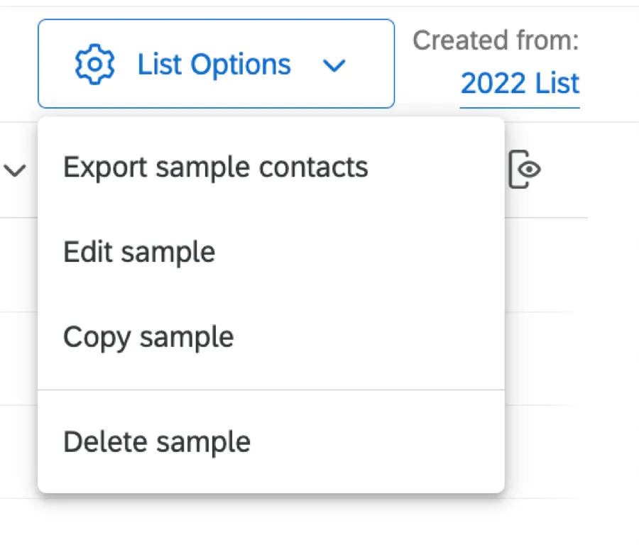 Image showing the available list options for a sample