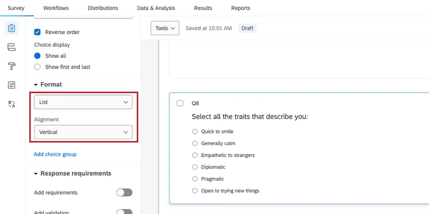 Crear una pregunta de opción múltiple y elegir el formato de lista vertical