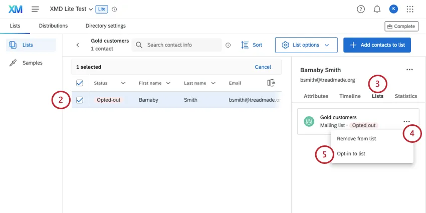 selezionando un contatto e aprendo la scheda Elenco di contatti per il menu informazioni del contatto stesso