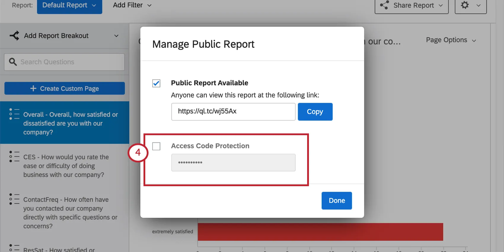 Manage public report window open. Access code option is second in the window