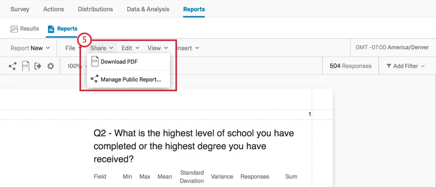 On a reports report, share option in gray toolbar is opened to reveal public report option