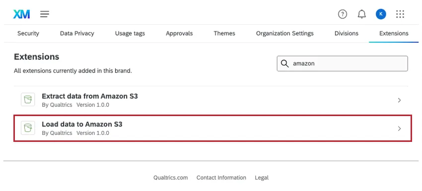 Immagine della pagina delle estensioni, con il caricamento dei dati su amazon s3 evidenziato