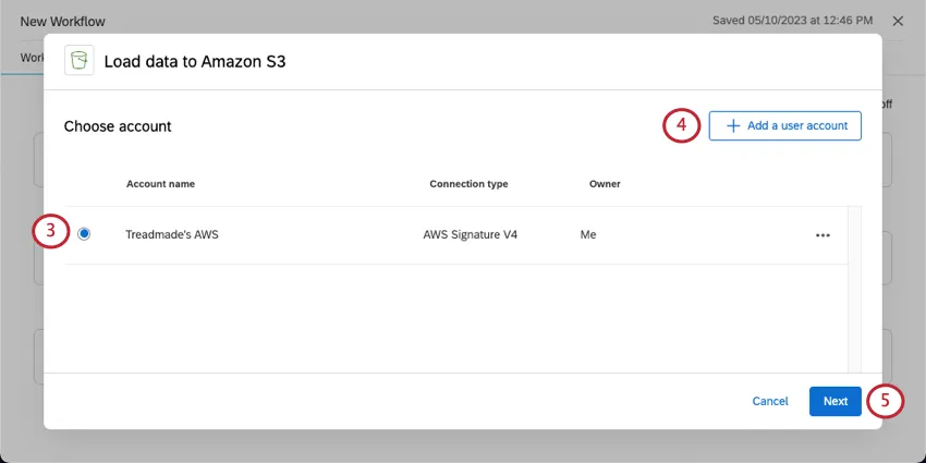 page of window where you choose an account. next button in bottom-right, blue