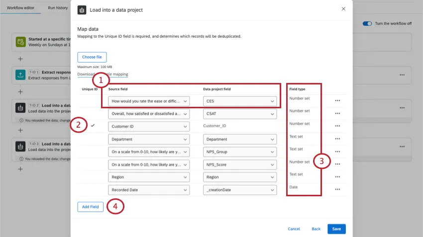 Mapper when the project is existing. Nothing can be edited except which field is matched to another field