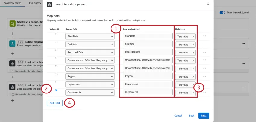Mapping to a new project lets you change field types, column names, and the unique ID