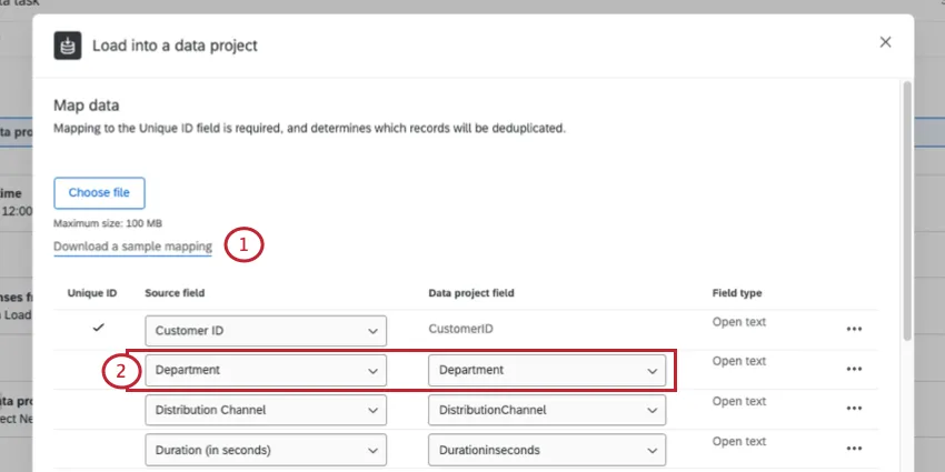 Fenêtre de mappage des données