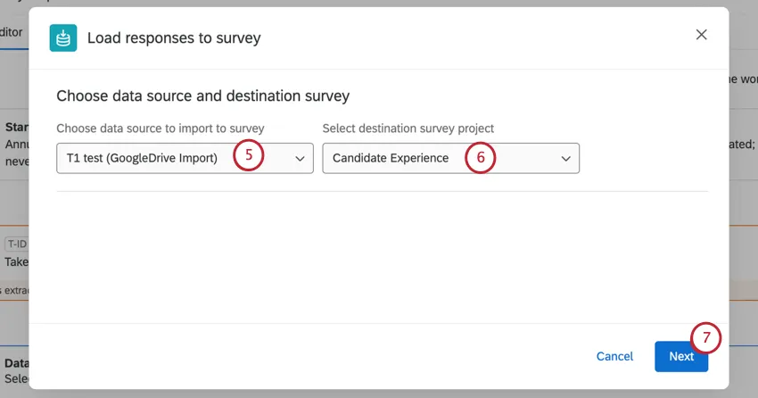 Window where task is configured, data source and destination project selected