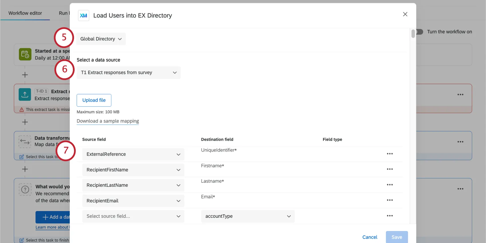 choosing the directory, the data source, and beginning to map fields