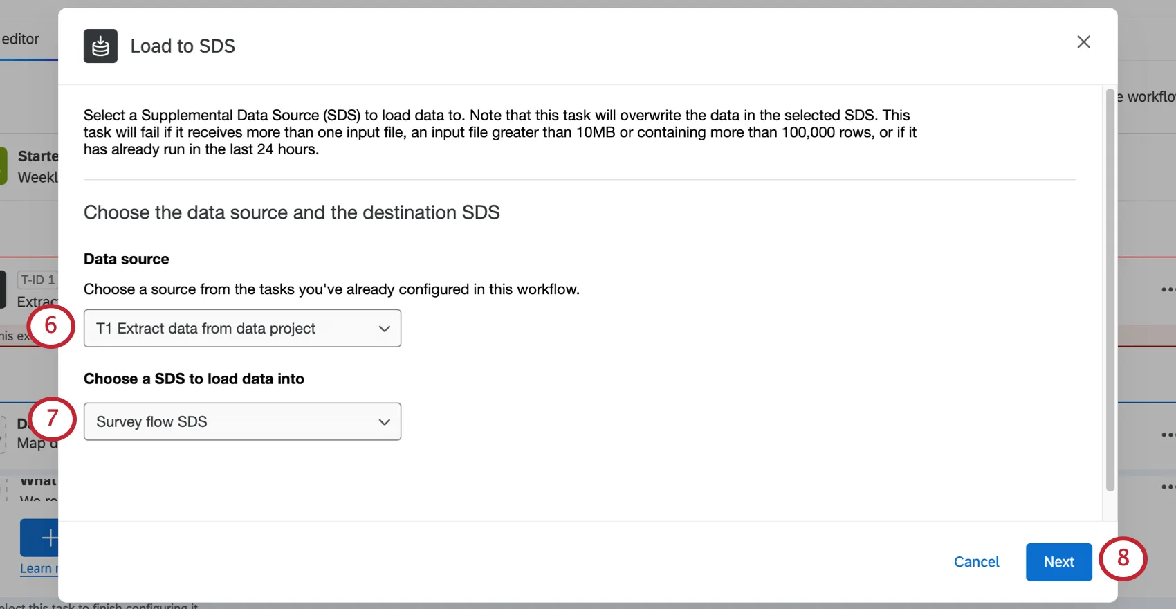 new window where you set the data source and destination