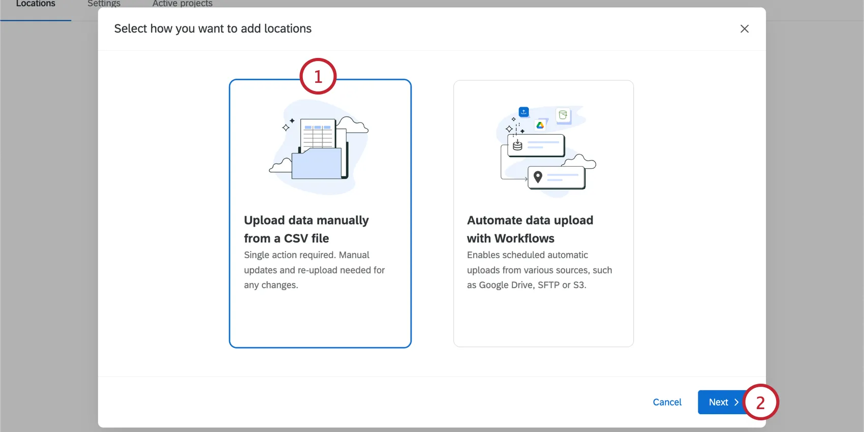 selecting the "upload csv" option