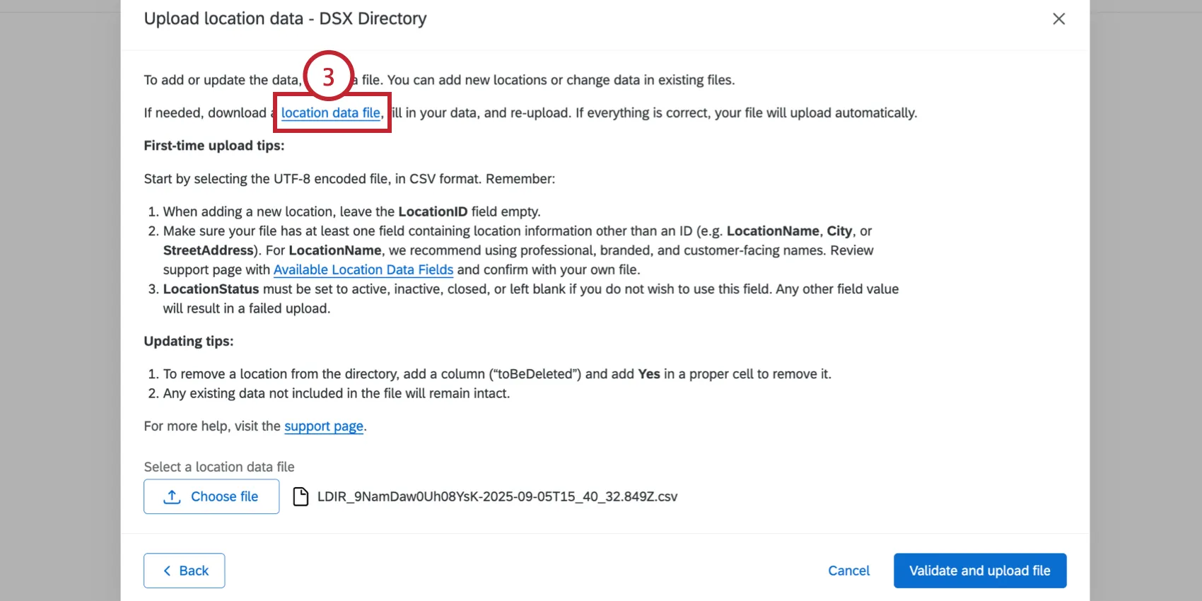 facendo clic sul file data location per scaricare il modello
