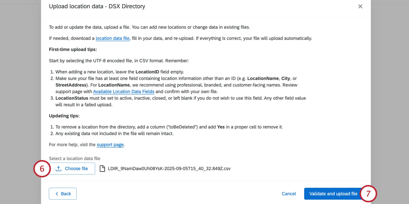 clicking choose file and uploading the location file