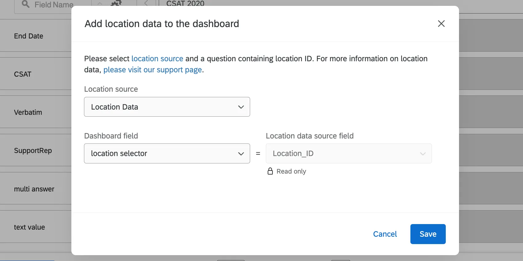 New window where you set location source and the field that identifies the location