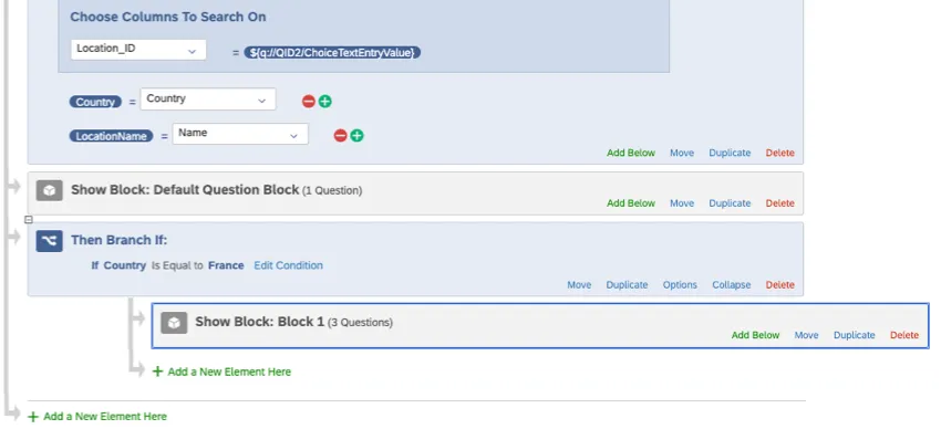 補足データが最初に来て、次にブロックが来て、次に別のブロックにつながる分岐が来るように、説明したように構成されたアンケート調査フロー