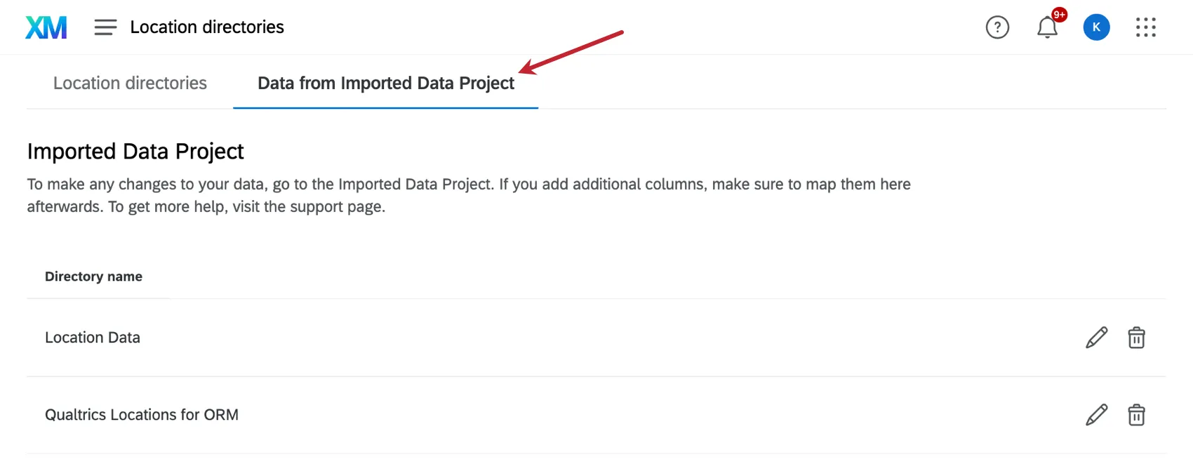 inside the location directory, with the imported data project tab open