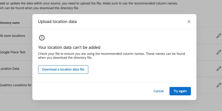 Die Fehlermeldung besagt, dass Ihre Standortdaten nicht hinzugefügt werden können. Bietet Ihnen die Möglichkeit, eine neue Stichprobe herunterzuladen
