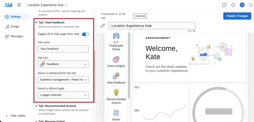 selecionar um dashboard a ser exibido na guia de feedback Exibir feedback