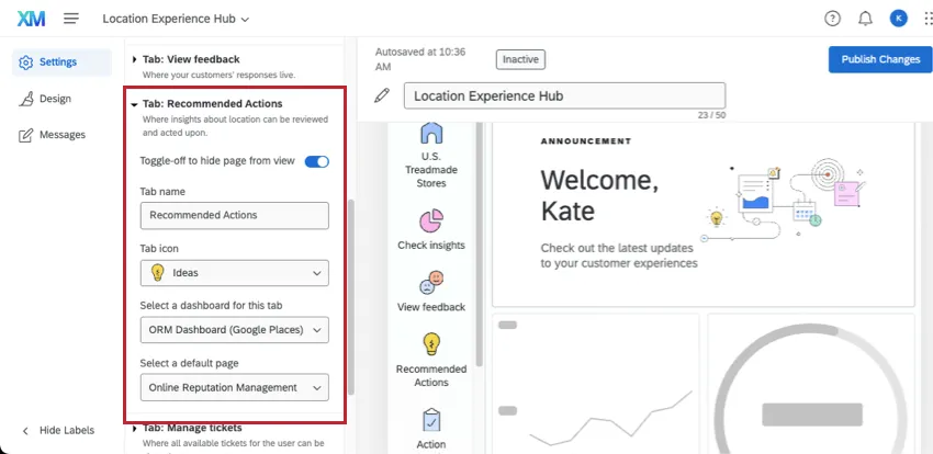 selecionar um dashboard para visualizar na guia de ações recomendadas