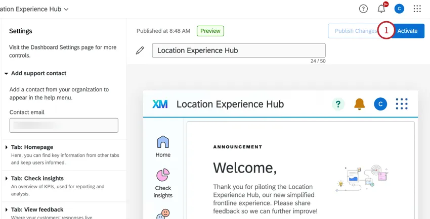 clicking "activate" in the location experience hub