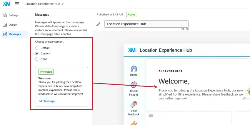 choosing a message for the location experience hub