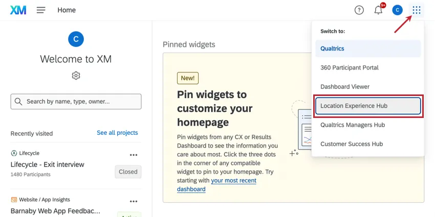 navigating to the location experience hub using the menu in the top right