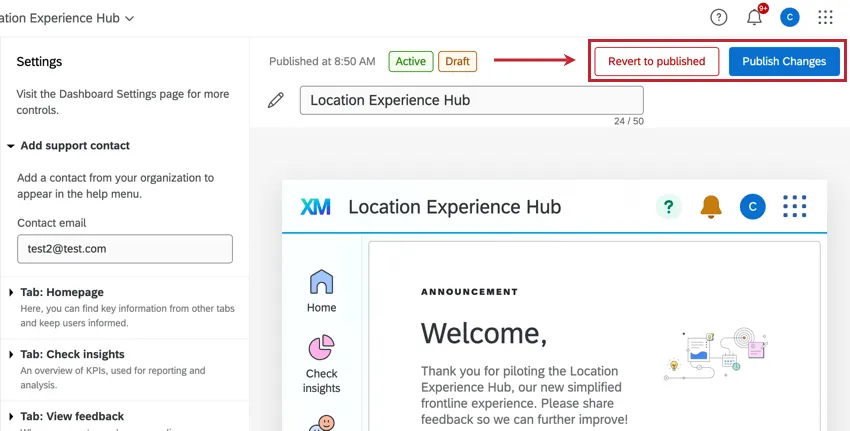 the revert changes and publish changes button at the top of the location experience hub
