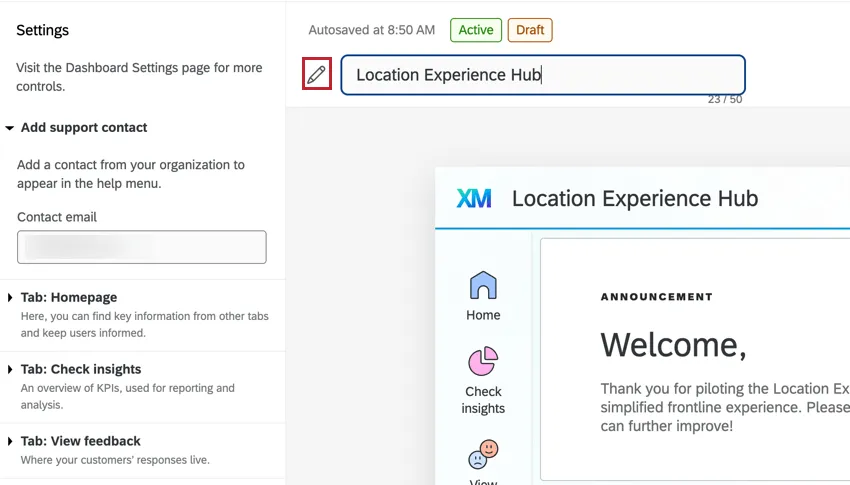 Cambiar el nombre del hub de experiencia en la ubicación